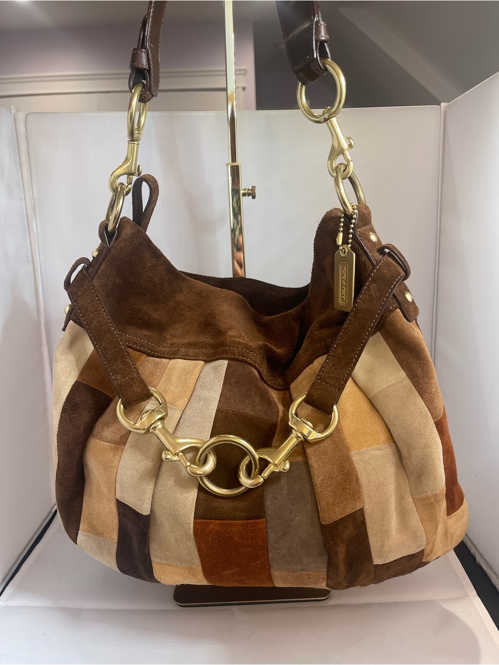 Coach Patchwork Suede Shoulder Bag in Brown and Tan